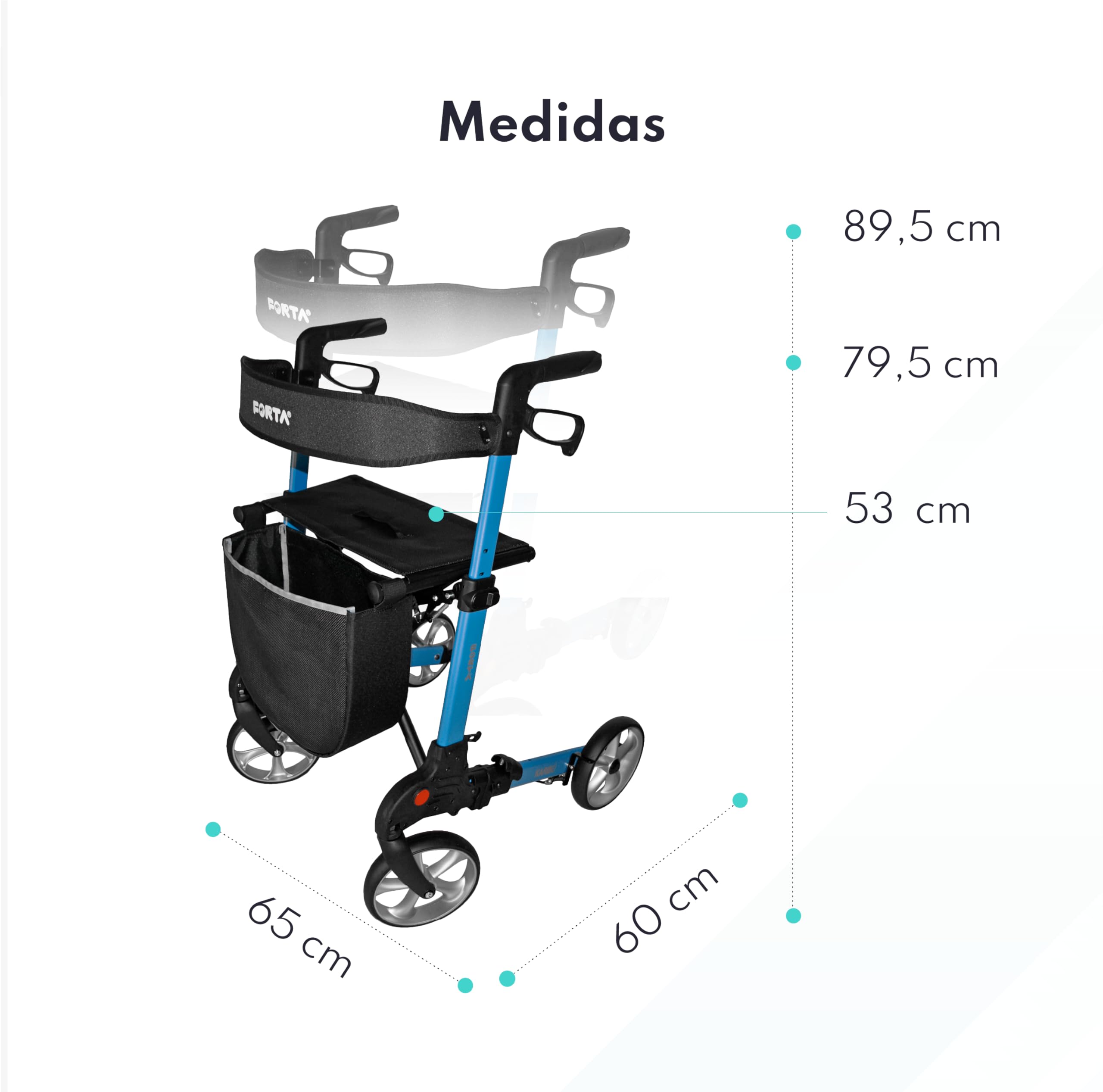 Forta - Andador Rollator Karibú, Andador para Ancianos, con Asiento y Cesta de tela, Freno de maneta, Andador Plegable, Peso máximo 130 kg, Talla L, Azul