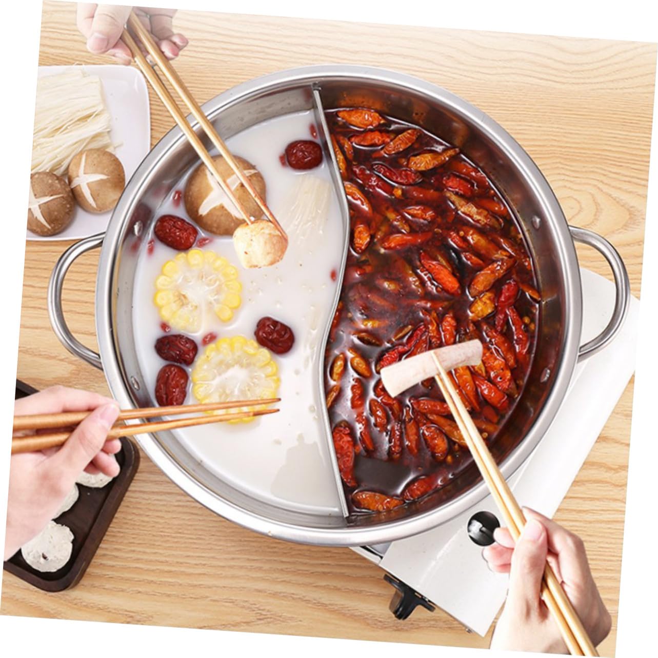 Didiseaon Olla Caliente Doble 32 Cm Acero Inoxidable Resistente Antióxido Utensilios Cocina Acero Inoxidable Menaje Hogar Set 4 Piezas para Cocina Asiática