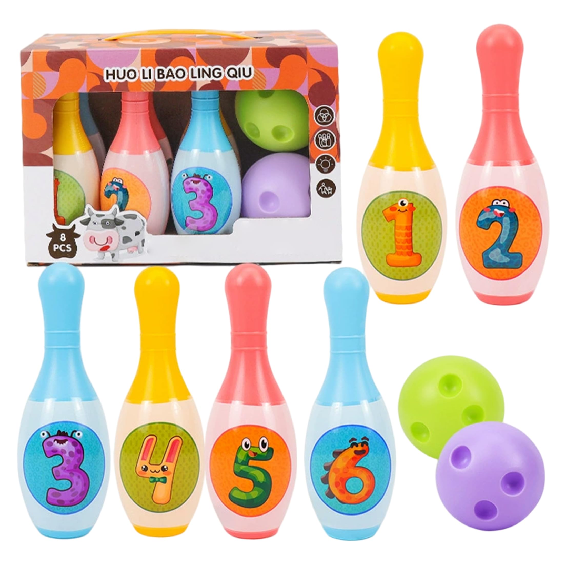 Bowling per Bambini 6 Birilli da Bowling in plastica 2 Palline Gioco di Sport al Coperto Giocattolo per Bambini Gioco in Famiglia