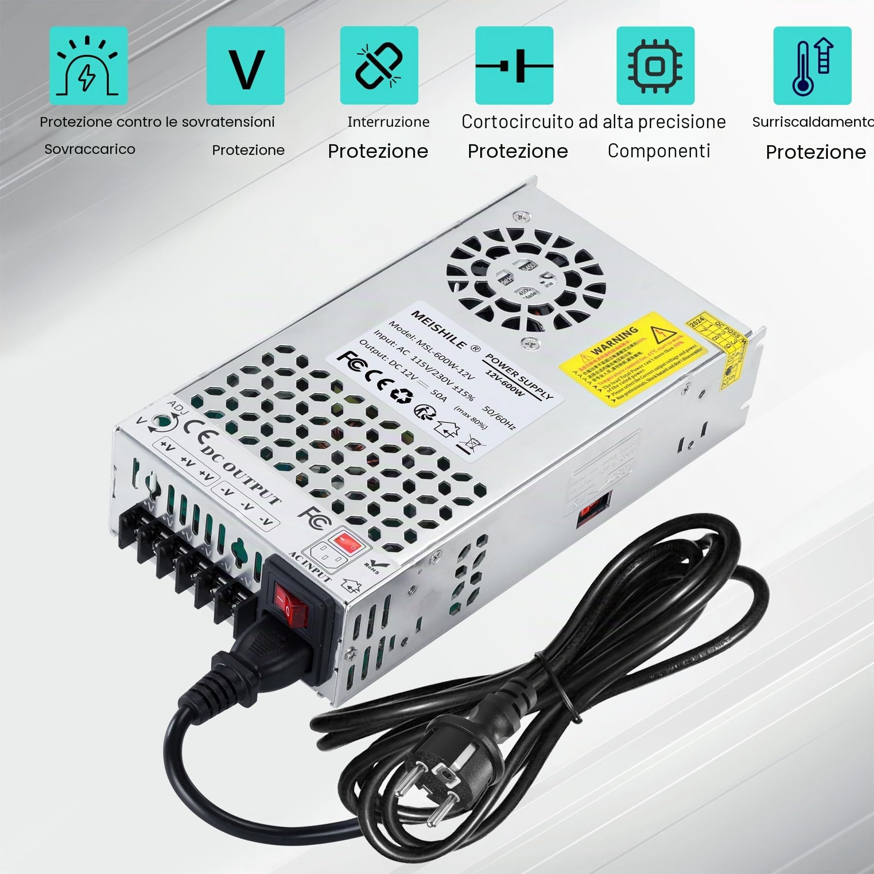 MEISHILE 12V 50A 600W Alimentazione Universale CA a CC Traspermatori Alimentatore Convertitore per Lampada a striscia LED, Amplificatore, Macchina, 230V 220V a 12Volt 5A 10A 20A 30A 40Amp