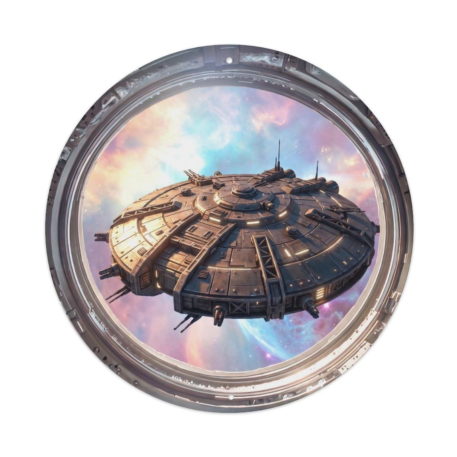Metal Tin Sign Armored Saucer from Space Station Porthole