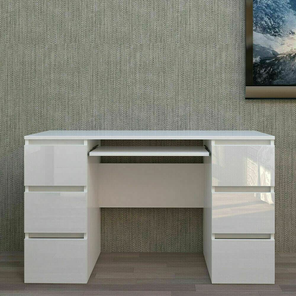 Jamiah Modern High Gloss Home Office PC, Computer and Laptop Desk with 6 High Gloss Push Open and Soft Close Drawers