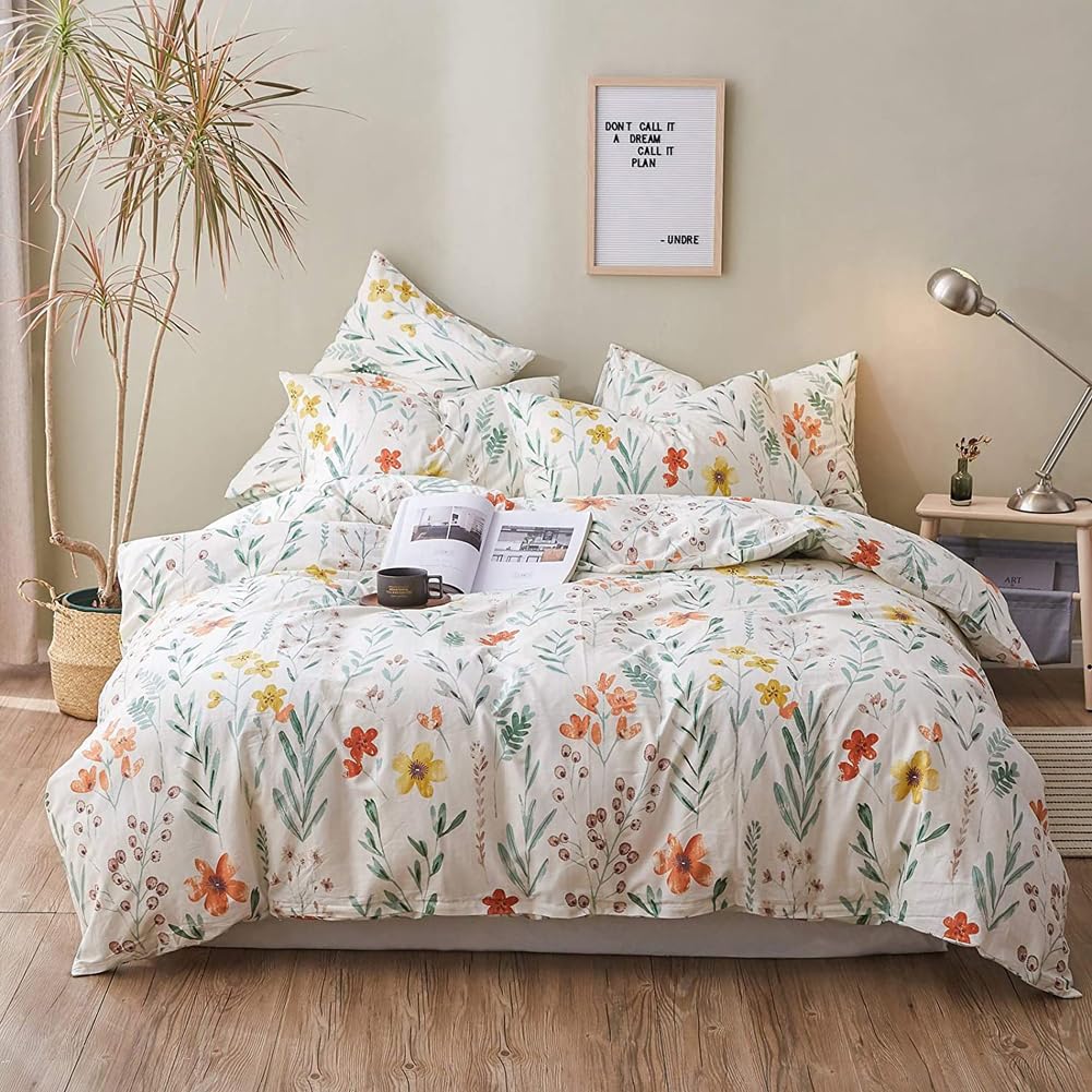 Flower Duvet Cover Twin, 3 Pieces Soft Breathable Cotton Duvet Cover Set, Yellow Orange Floral Bedding Comforter Cover Set with Zipper Ties, 1 Duvet Cover and 2 Pillowcases, No Comforter