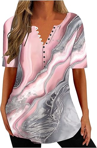 Ceboyel Camisas Henley con estampado floral para mujer, cuello en V, sexy, casual, manga corta, blusas elegantes, trajes de mujer,