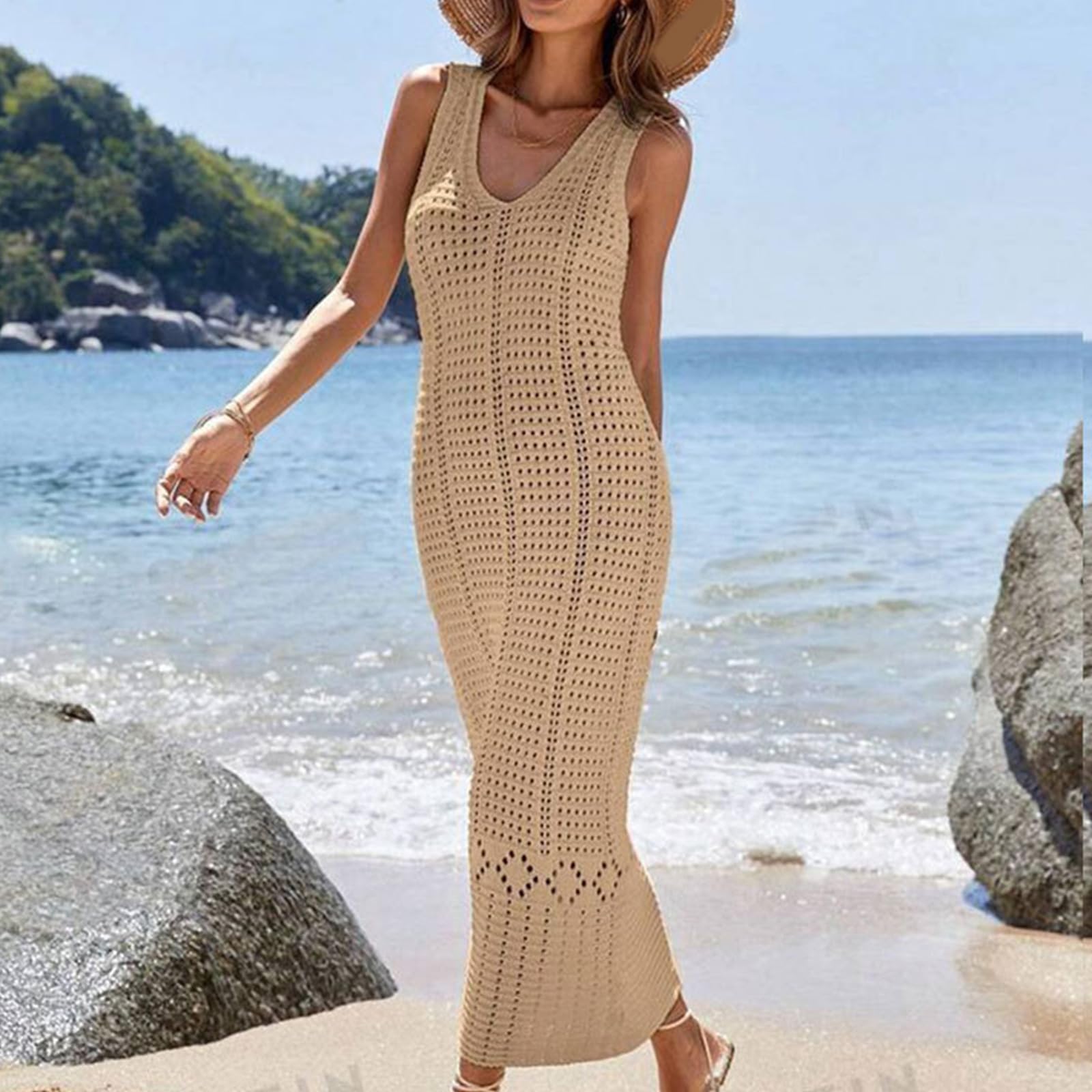 Elegante abito lungo in maglia scavata per costumi da bagno Beach Coverup Dress Comodo per feste in piscina e vacanze al mare
