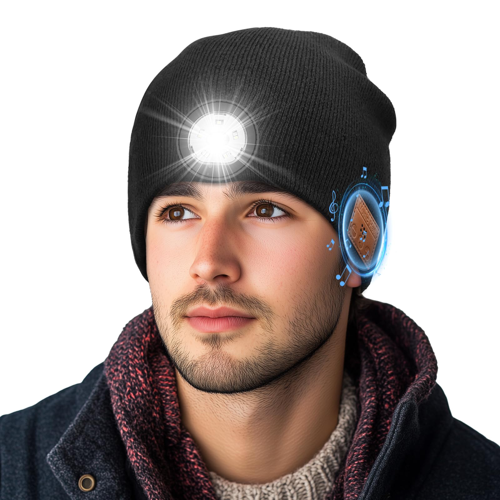 Bluetooth Beanie with Light, Headlamp Hat with Headphones and Built-in Speaker Mic