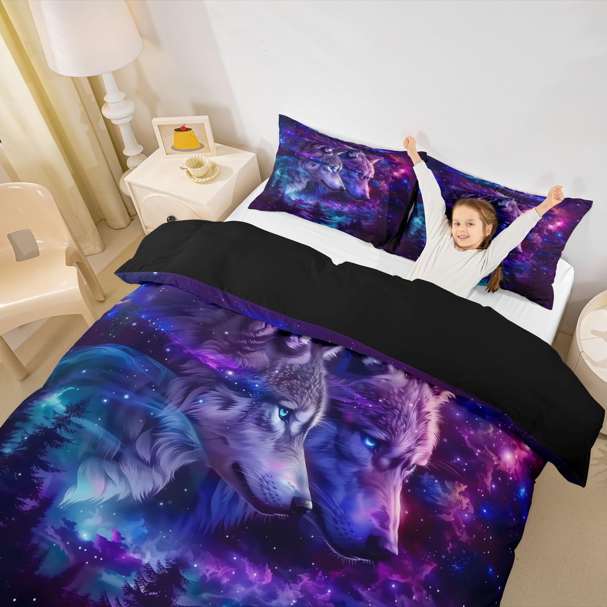 Housse de couette violette 2 taies motif loup pour lit d'enfant