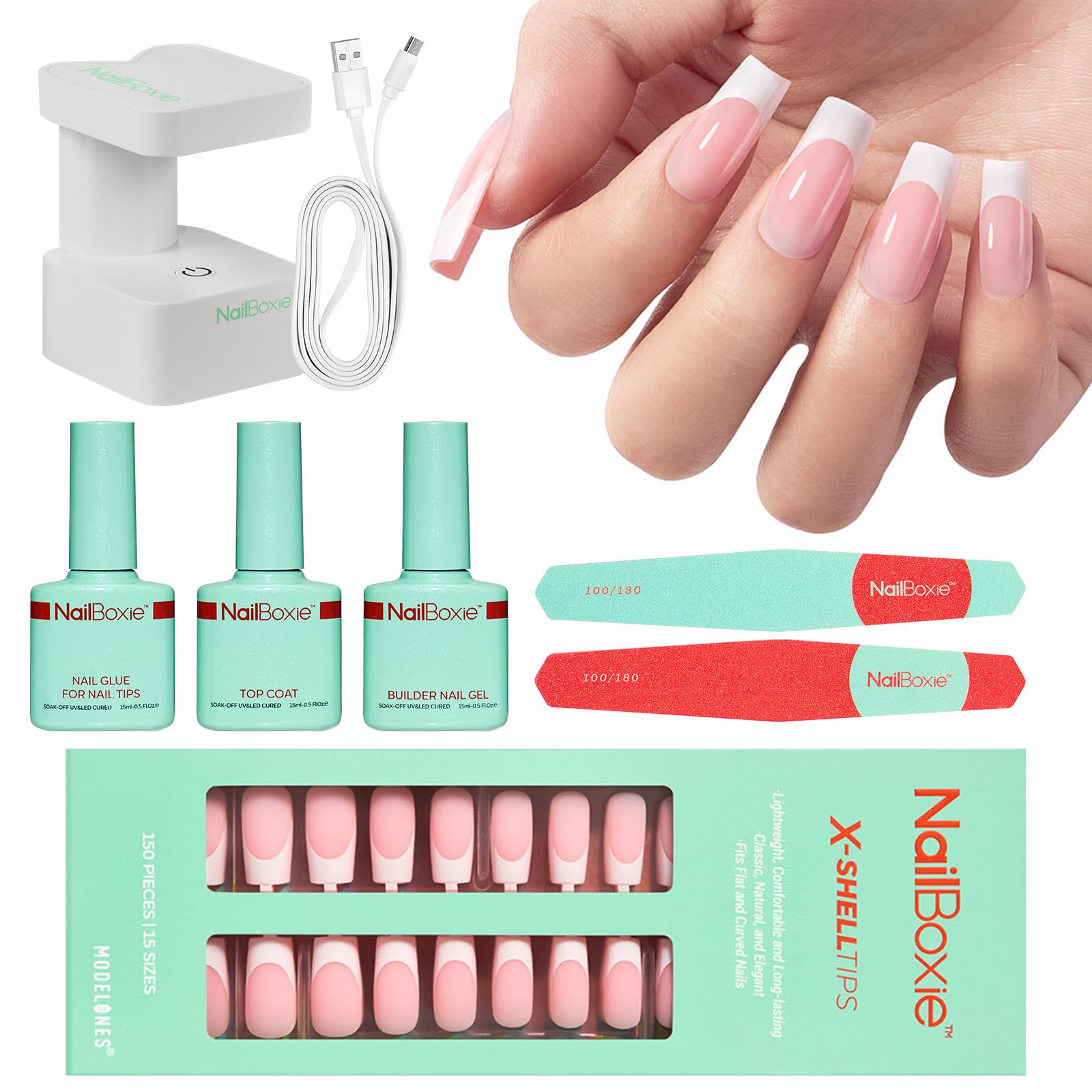 Modelones Gel Nail Kit, Top Coat, Nail Builder Gel and Nail Glue for Nail Tips, Press On Nails Kit with LED Light, 150 PCS Long Pink Square, 15 Sizes