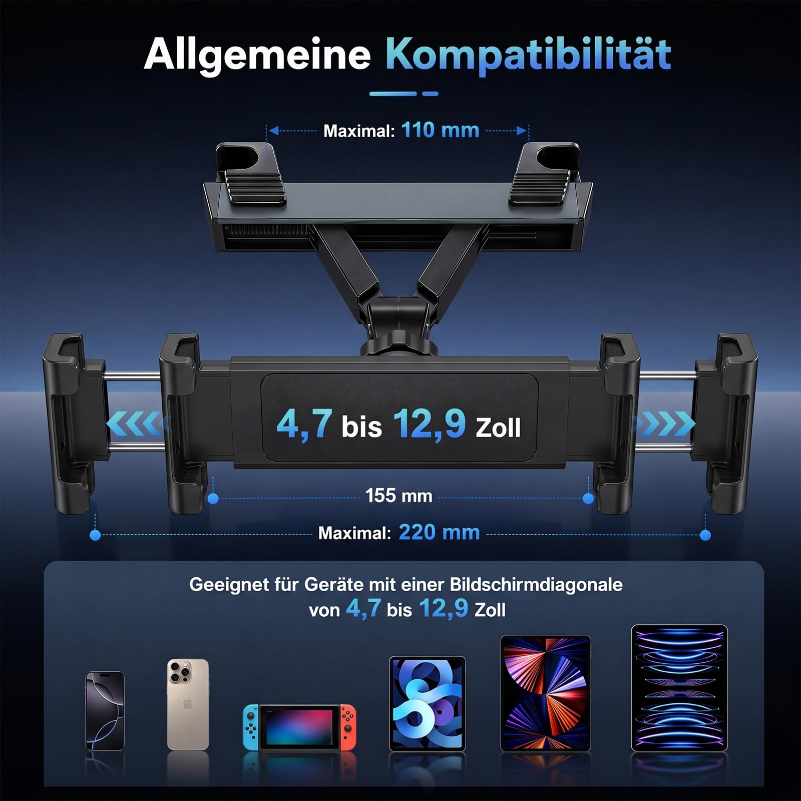 Uchwyt samochodowy na tablet, zagłówek samochodowy – stabilny uchwyt do smartfonów, tabletów o przekątnej ekranu 4,4–14", obracany o 360°, bezpieczny, bez ograniczania widoczności dla