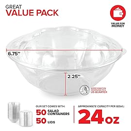 Stock Your Home 24oz Clear Plastic Salad Bowls with Lids Disposable (50 Pack) Small Takeout Container with Snap on Lid for Fruit Salads, Quinoa, Lunch and Meal Prep, Acai Bowl, To-Go Party Containers