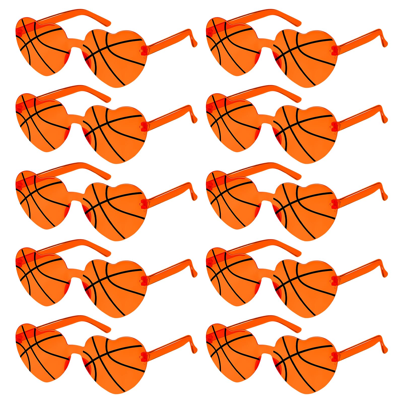 SelfTek 10 Pack Basketball Party Glasses – Orange Heart Shaped Sunglasses Rimless Novelty Sporty Party Eyewear Multipack Costume Glasses for Basketball Fans Women Men