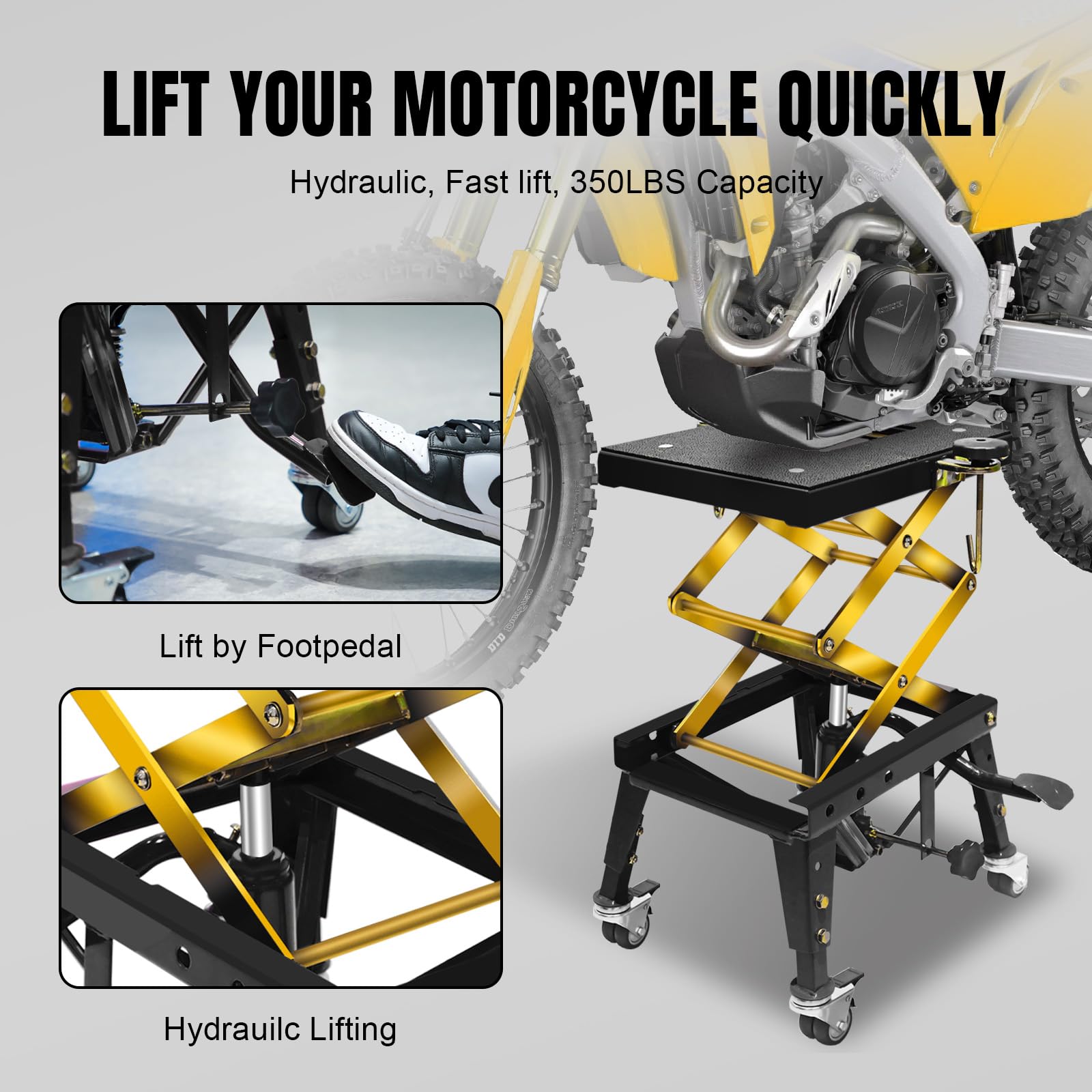 158,8 kg Motorrad-Hebebühne, hydraulischer Fußbetätigter Scherenhebebühne für Fahrrad, Motorradständer mit 4 Rädern, Schwarz