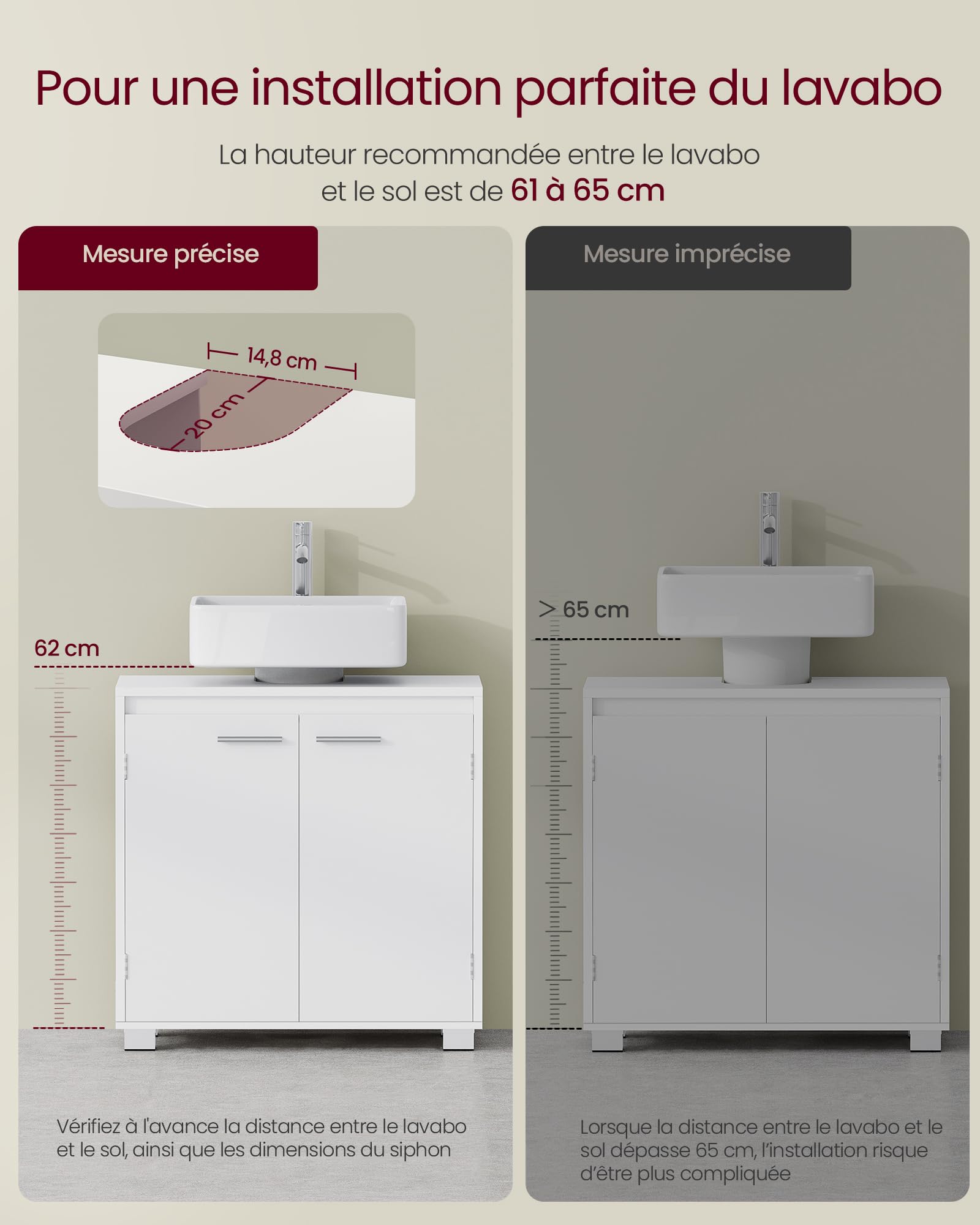 VASAGLE Meuble sous Lavabo, Meuble de Salle de Bain, 2 Compartiments derrière Les Portes, pour Divers Types de Lavabos, avec Pieds, 30 x 60 x 60 cm, Blanc Nuage BBK506W01