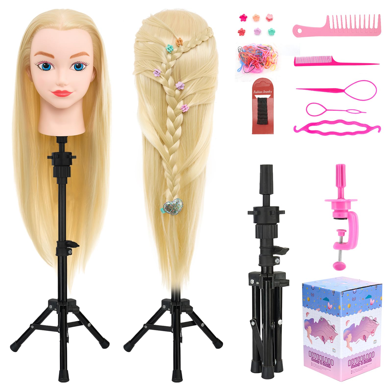 Neverland 20" Testina Parrucchiere con Treppiede, Testa Studio Parrucchiere 100% Sintetica Morbidi Manichino Cosmetologia Formazione Parrucchiere Pratica Modello Capelli