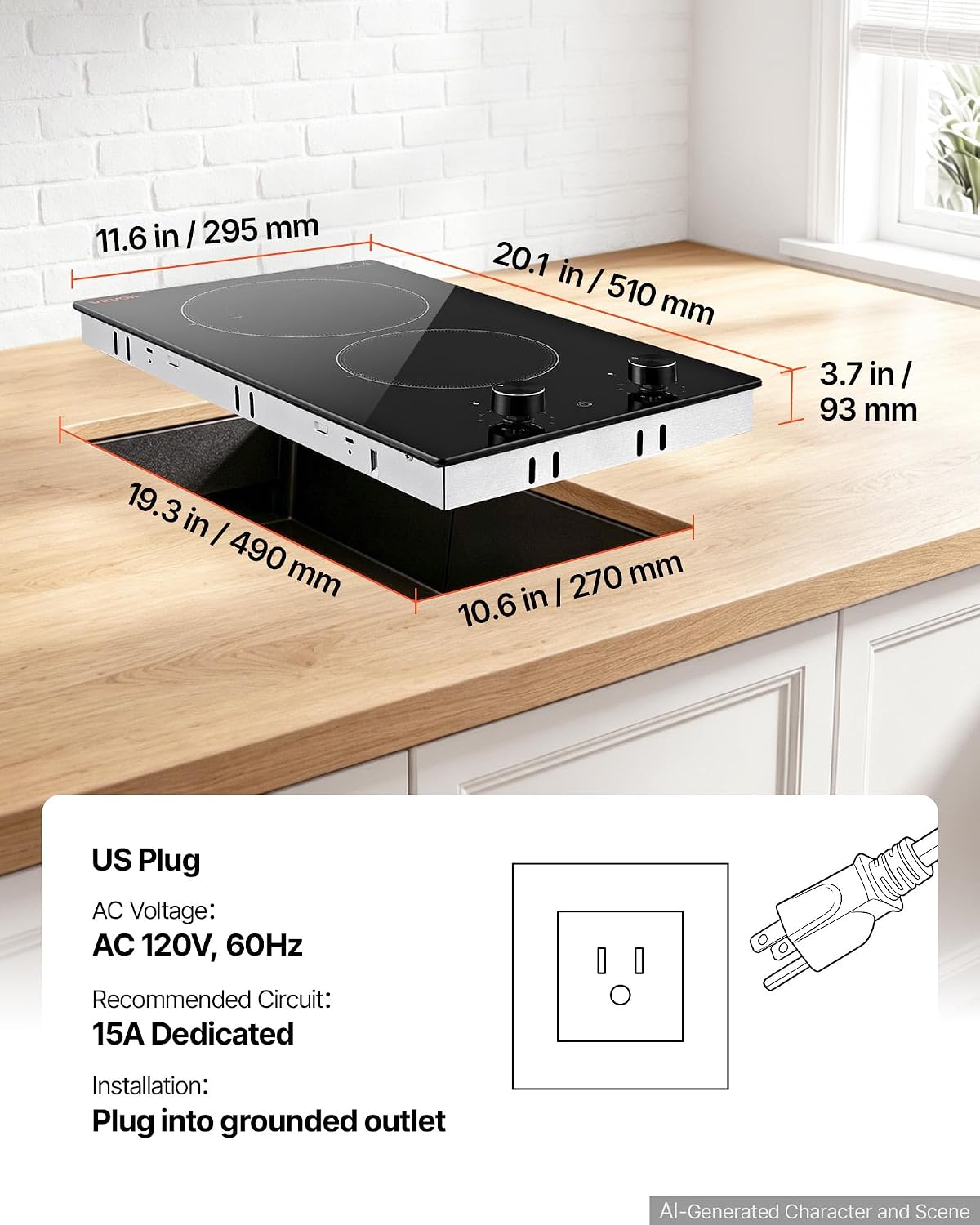 VEVOR Electric Cooktop 12in 2 Burners Portable Stove Top 1800W 120V Plug In, Ceramic Countertop/Built-in Radiant Electric Stove, with 11 Power Levels, Over-Heat Guard, Knob Control