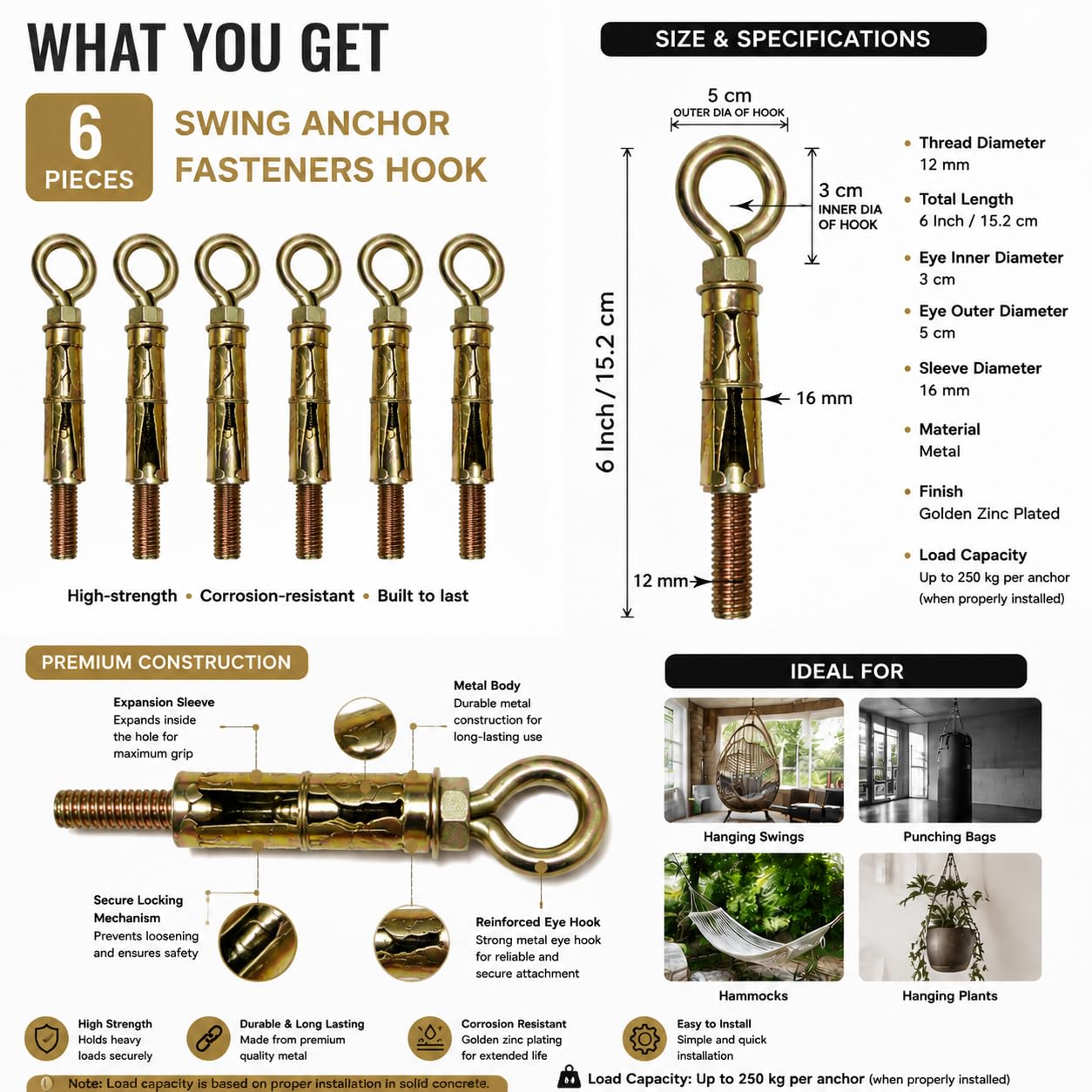 Pure Source India Swing Anchor Fasteners Hook for Hanging Swing, 12 mm, 6 Piece, Metal, Gold — Amazon image 4