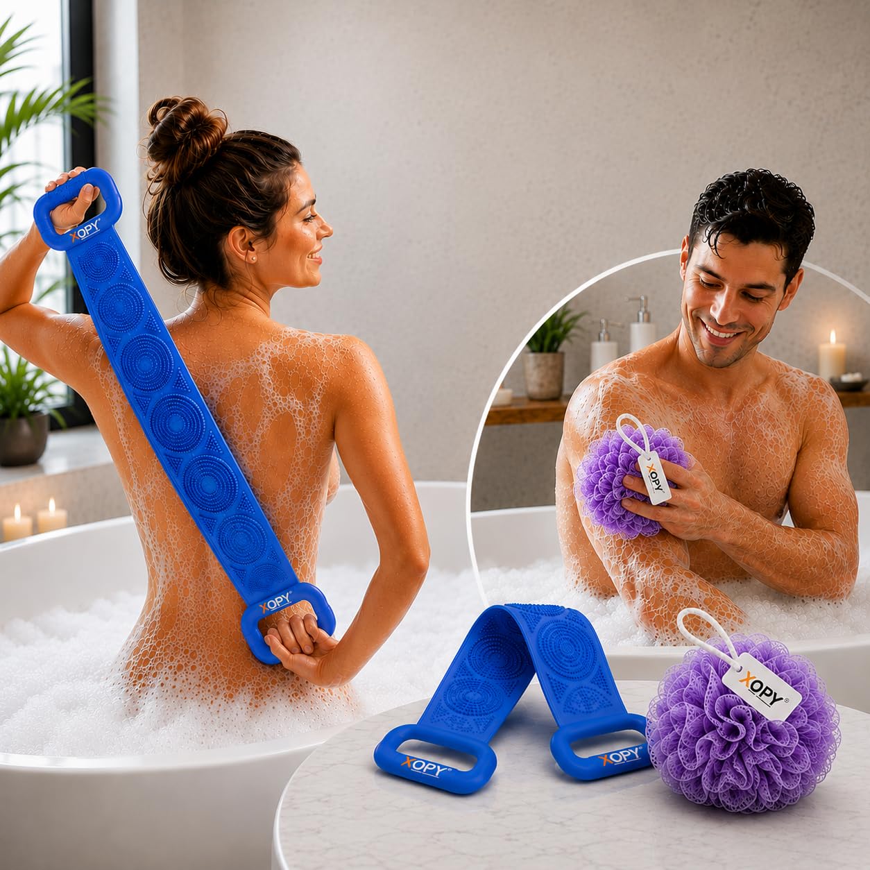 2 in 1 Silicone Back Scrubber Belt with Mesh Bath Loofah Pouf, Double-Sided Exfoliating Belt for Men & Women-picture-10