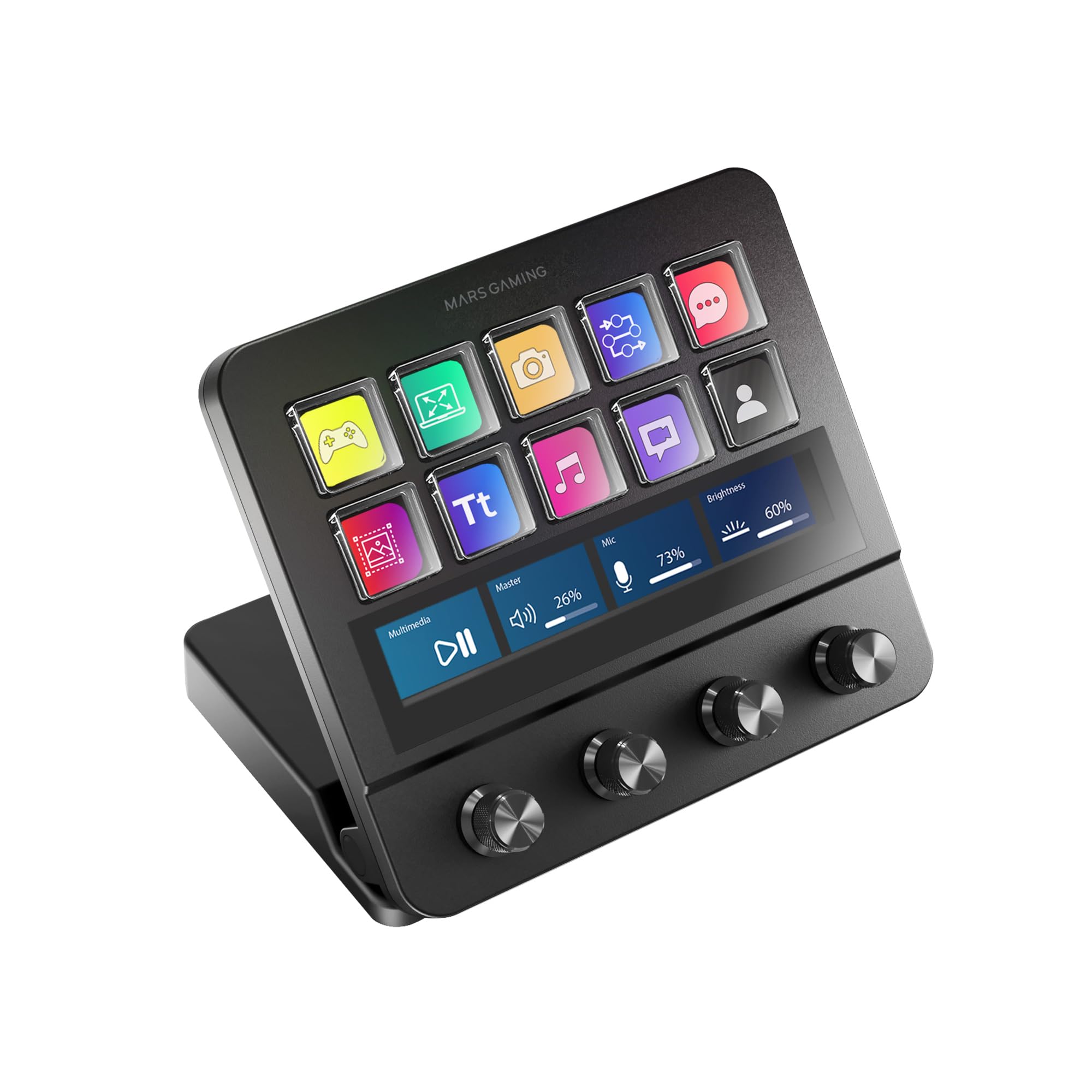 Mars Gaming MSD-PRO, Control Deck, 10 LCD-Tasten und 4 Anpassbare Drehregler, Erweiterter Animierter Touchscreen, Verstellbare Basis, Steuerungssoftware, USB-Hub mit 2X USB 3.0 + 1x USB-C, Schwarz