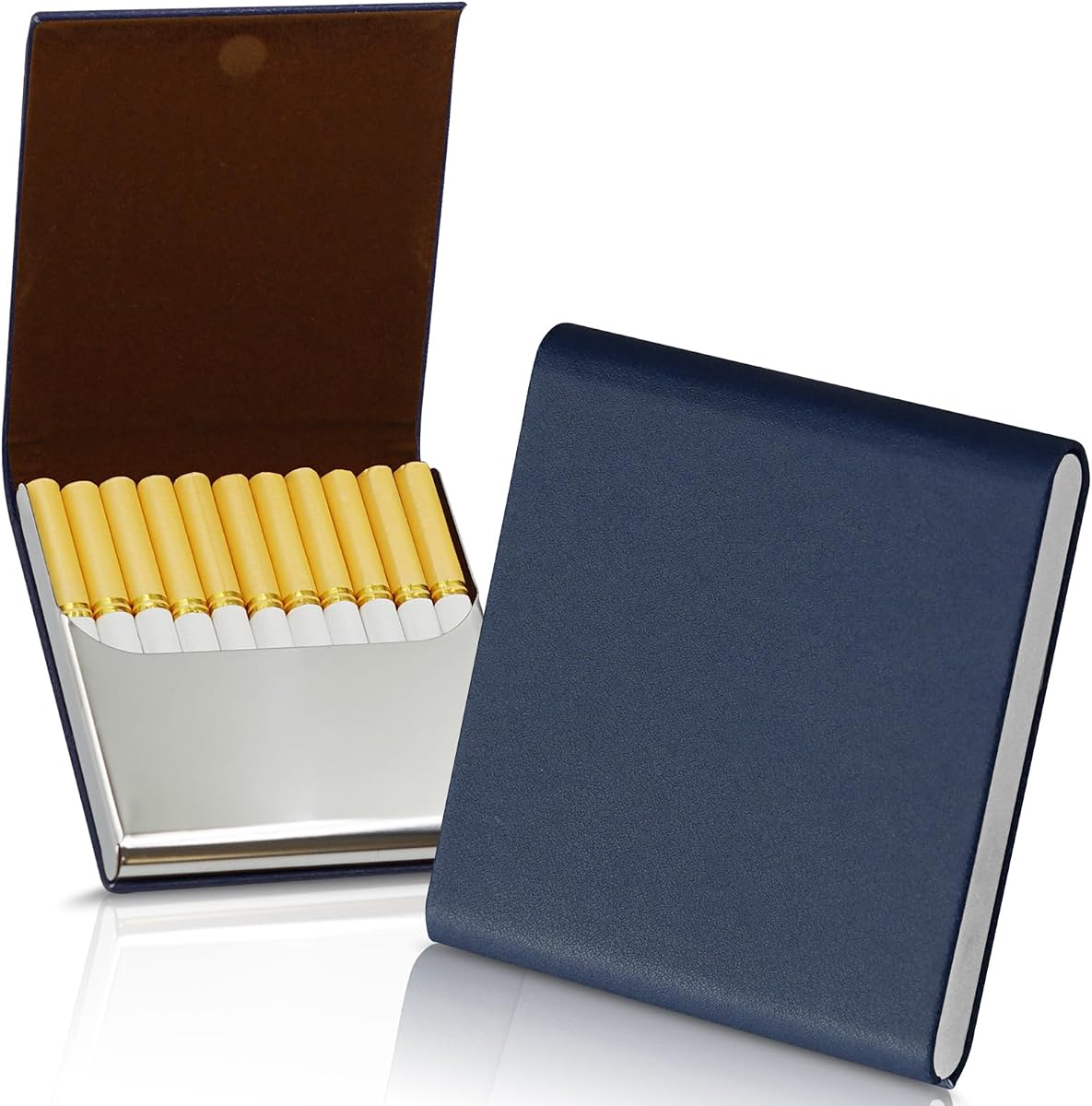 Portable Slim Leather Cigarette Case with Magnetic, Metal Cigarette Carrying Box for Hold 10 Regular Size Cigarettes, Ultra-Thin One-Hand Operate Cigarette Pocket for Men and Women -Navy Blue
