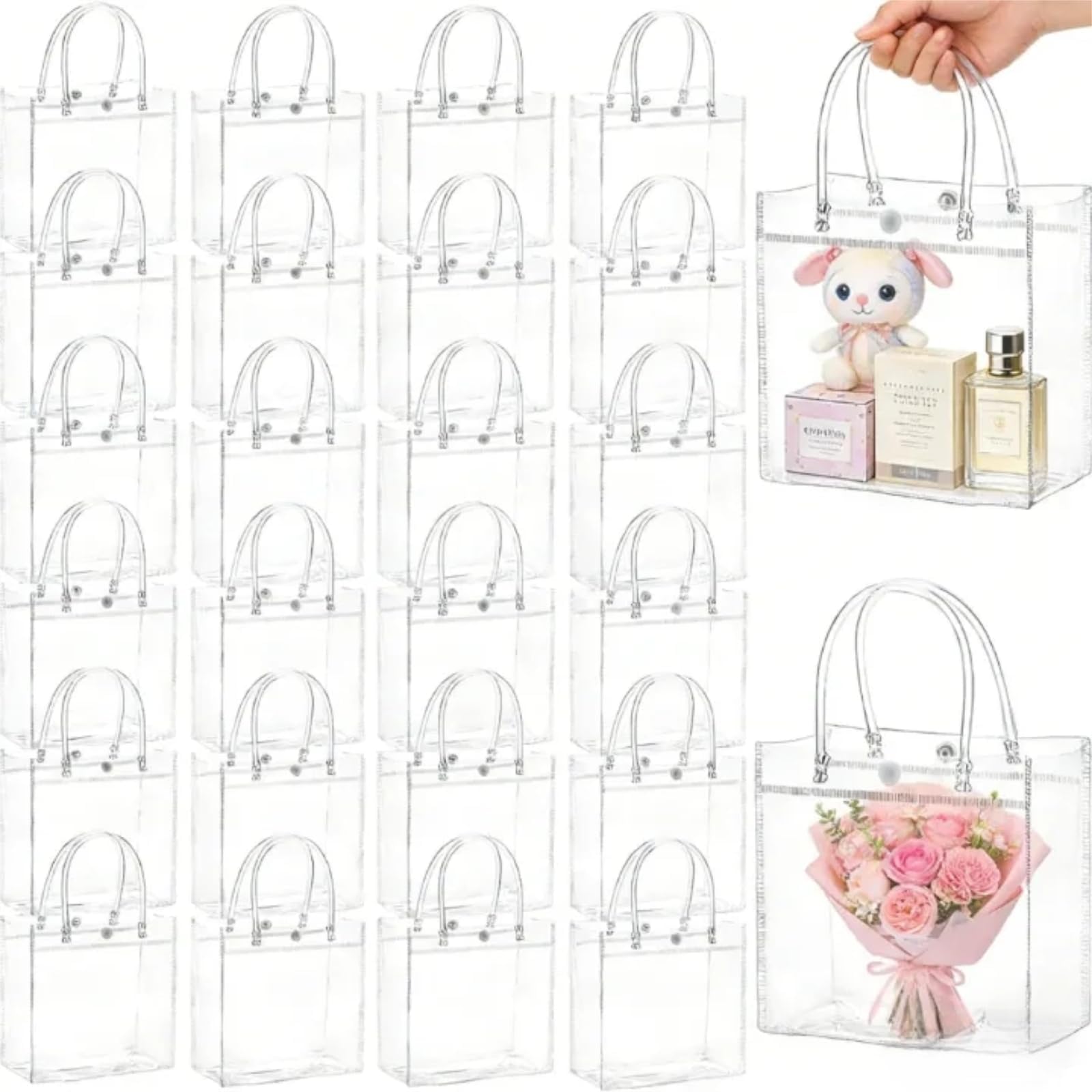 ZENFUN 80 Pack Small Clear Gift Bags, 16 x 15 x 7CM Reusable Transparent Gift Bags with Handle, PVC Shopping Bags for Party Favor, Wedding, Birthday Presents and Holiday, Valentine's Day