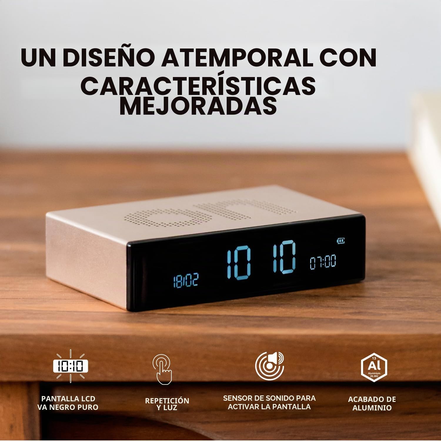 Lexon Flip Premium - Despertador Reversible y Recargable, con Pantalla LCD VA y Caras, Encendido y Apagado, Control táctil, Aluminio, Color Azul Claro