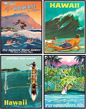 Hawaii Wall Decor - Hawaiian Wall Art - Tropical Decor - Surfing Art - Surf Artwork - Ocean Decoration - Vintage Travel Posters - 8x10 Picture Set Prints