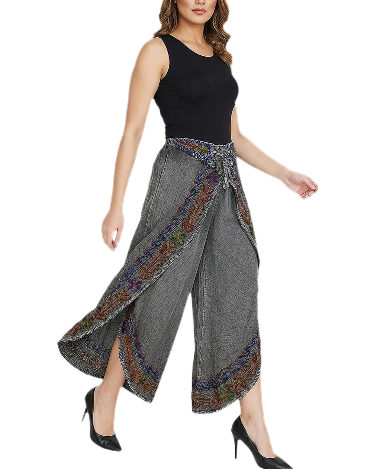 Stylish Grey Boho-Chic Embroidered Palazzo with Tie-Up Waist Detail-picture-53