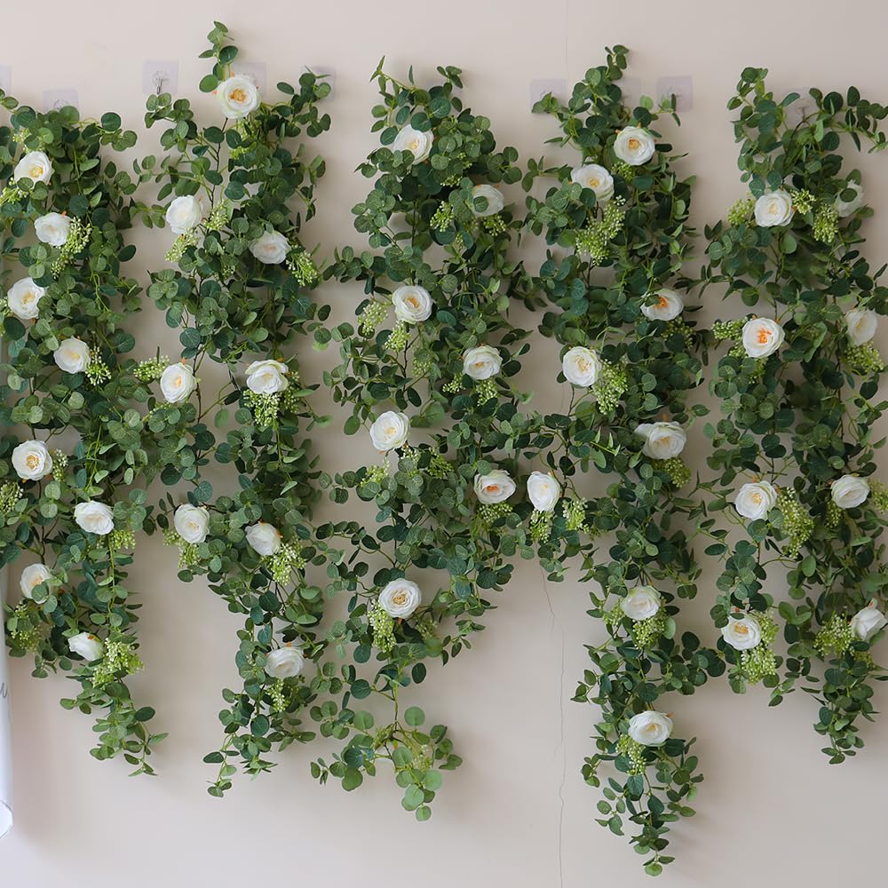 HOCEDO 2/4 pièces 2M Artificielle Eucalyptus Soie Rose camélias Fleurs Fausse Vigne Suspendue pour fête de Mariage Maison Arc Table décoration