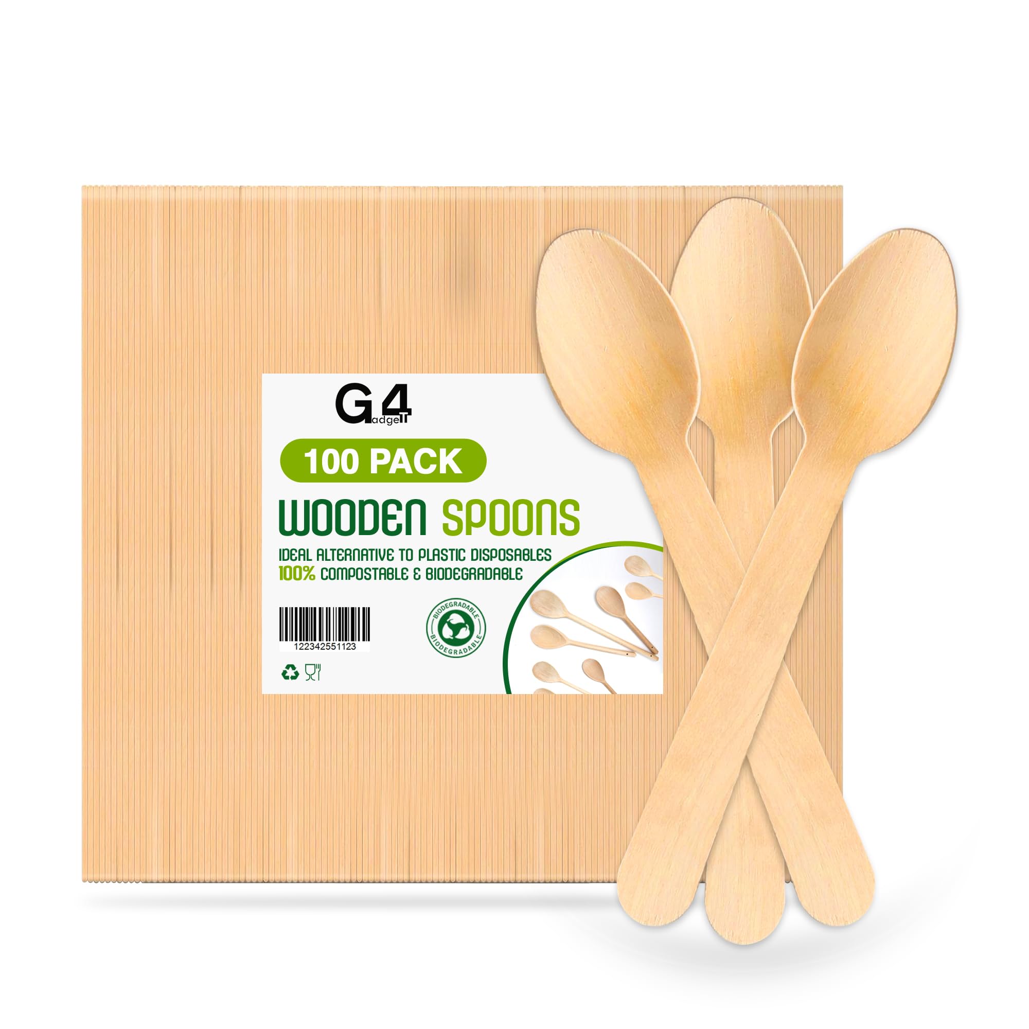 G4GADGET 100x Wooden Spoons - Disposable Spoon Biodegradable Birch Wood Utensils for Parties, Picnics, Weddings, BBQs, and Events