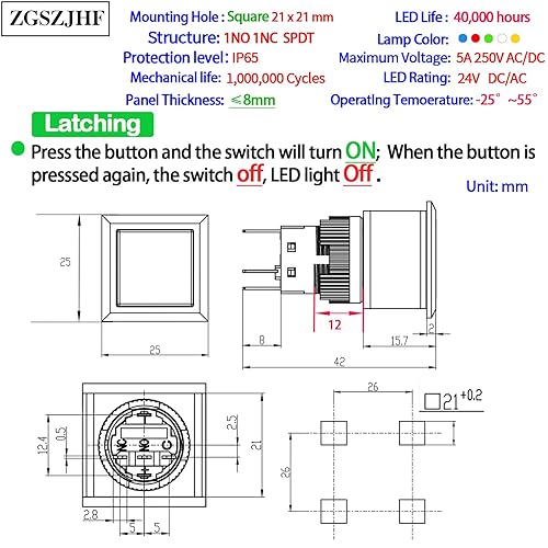 Miniatura 9 de ZGSZJHF Interruptor de botón cuadrado de 0.827 x 0.827 in, montaje en panel ultrafino, orificio de montaje de 0.83 pulgadas con lámpara de luz LED