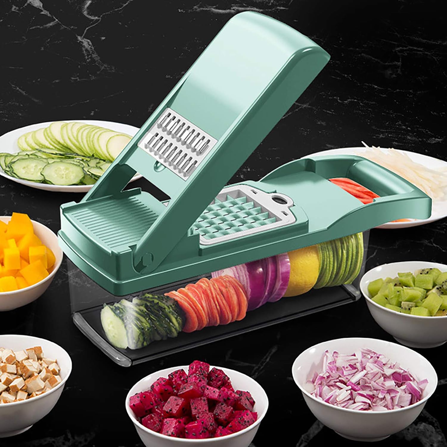 7 in 1 Vegetable Slicer, Onion Slicer, Dicer, Peeler for All Vegetables, Multifunctional, Vegetable Grinder, Chopper with Clean Brush, Hand Guard, Onion Grinder, Chopper No More Tears, Black, 32 x 11