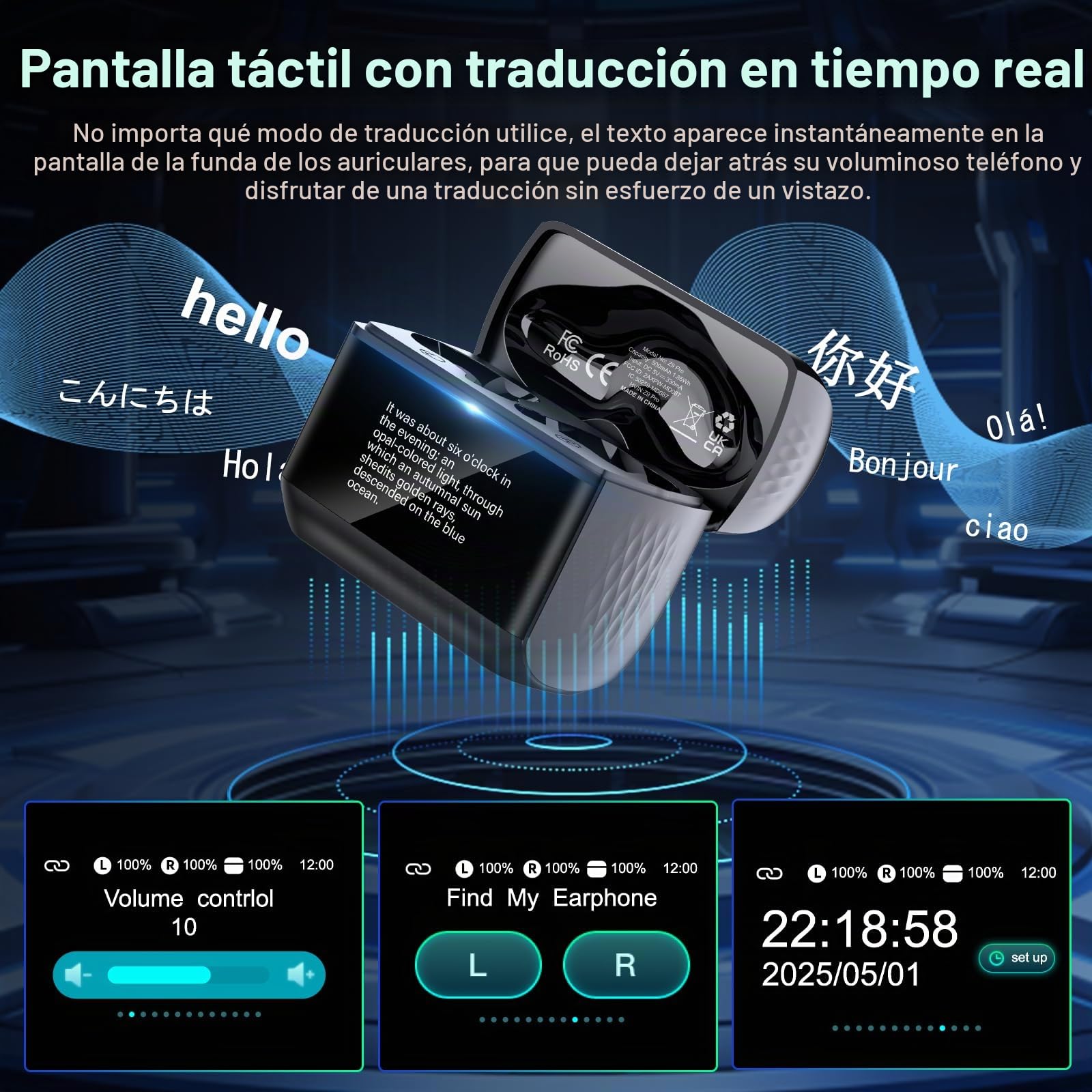 AI Auriculares Traductor en Tiempo Real con Pantalla Táctil LED, 3 en 1 Auriculares Traductores de Idiomas, 6 Modos Traducción con 164 Idiomas, Reducción de Ruido ANC+ENC, 5 Modos EQ, 48H, Negro