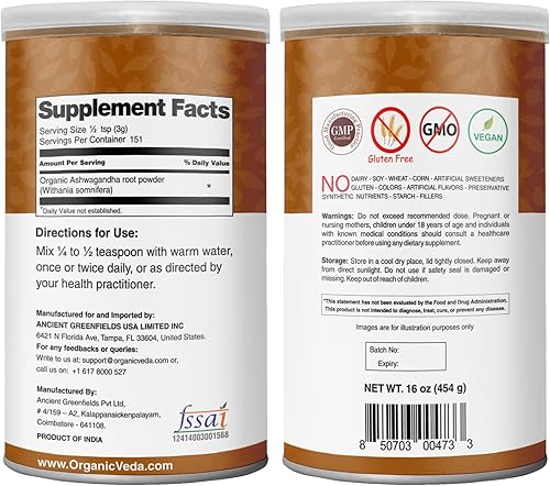 Miniatura 2 de Polvo orgánico de raíz de Ashwagandha, certificado por USDA, 1 libra Organic Veda