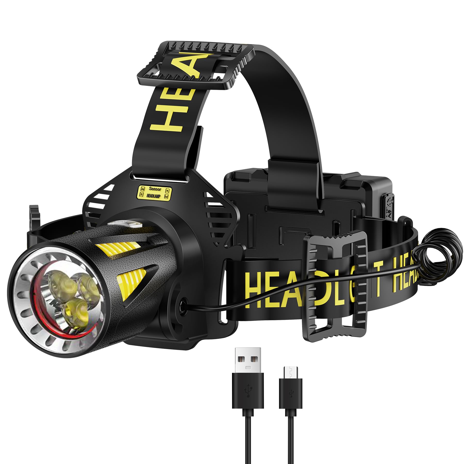 Linterna frontal recargable de triple haz, 6500 K, 3 LED P50.2, haz de 450 yardas, IP66 | Haz triple, largo tiempo de funcionamiento, salida rápida inteligente de 8 segundos, resistente, fiable, luz blanca diurna