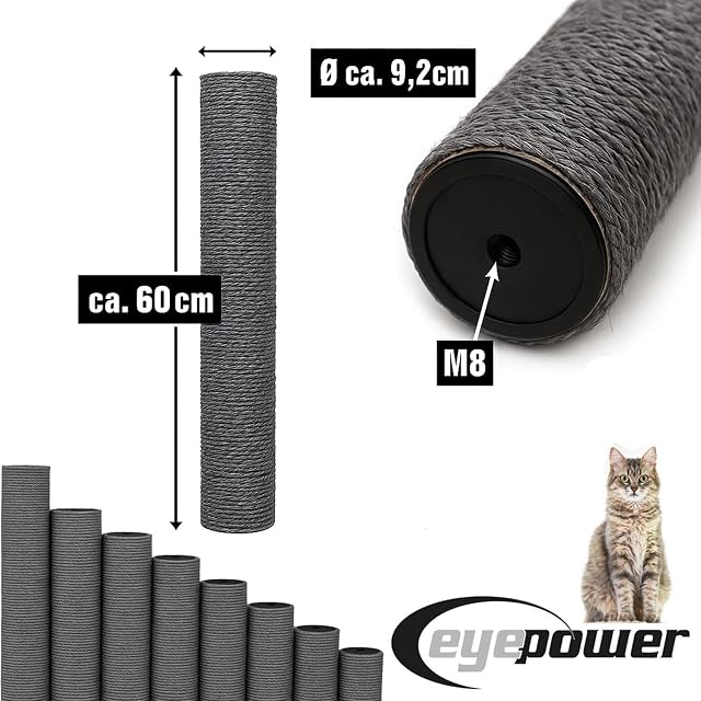 Foto 6 de 8 de eyepower Ø 9,2 cm: 60 cm Poste Rascador de Repuesto - Gris M8 - Accesorio Fuerte para Árbol de Gatos