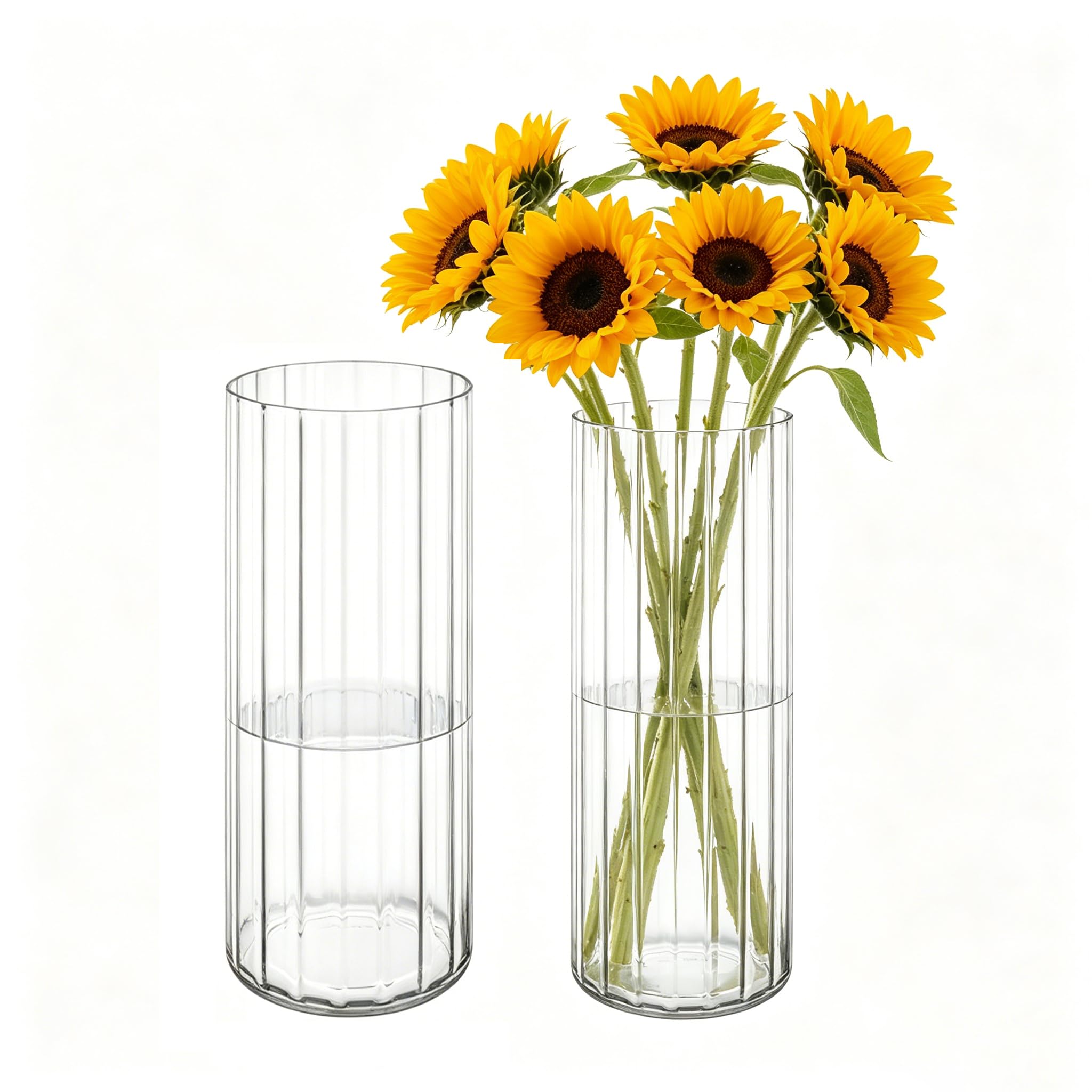 2er-Set Acrylvasen Transparent – Bruchsichere Kunststoff-Zylindervasen, Geriffelte Design Vasen Klar für Hochzeit, Tischdeko, Blumenarrangements, Wohnzimmer, Büro (10x30 & 12x35cm)
