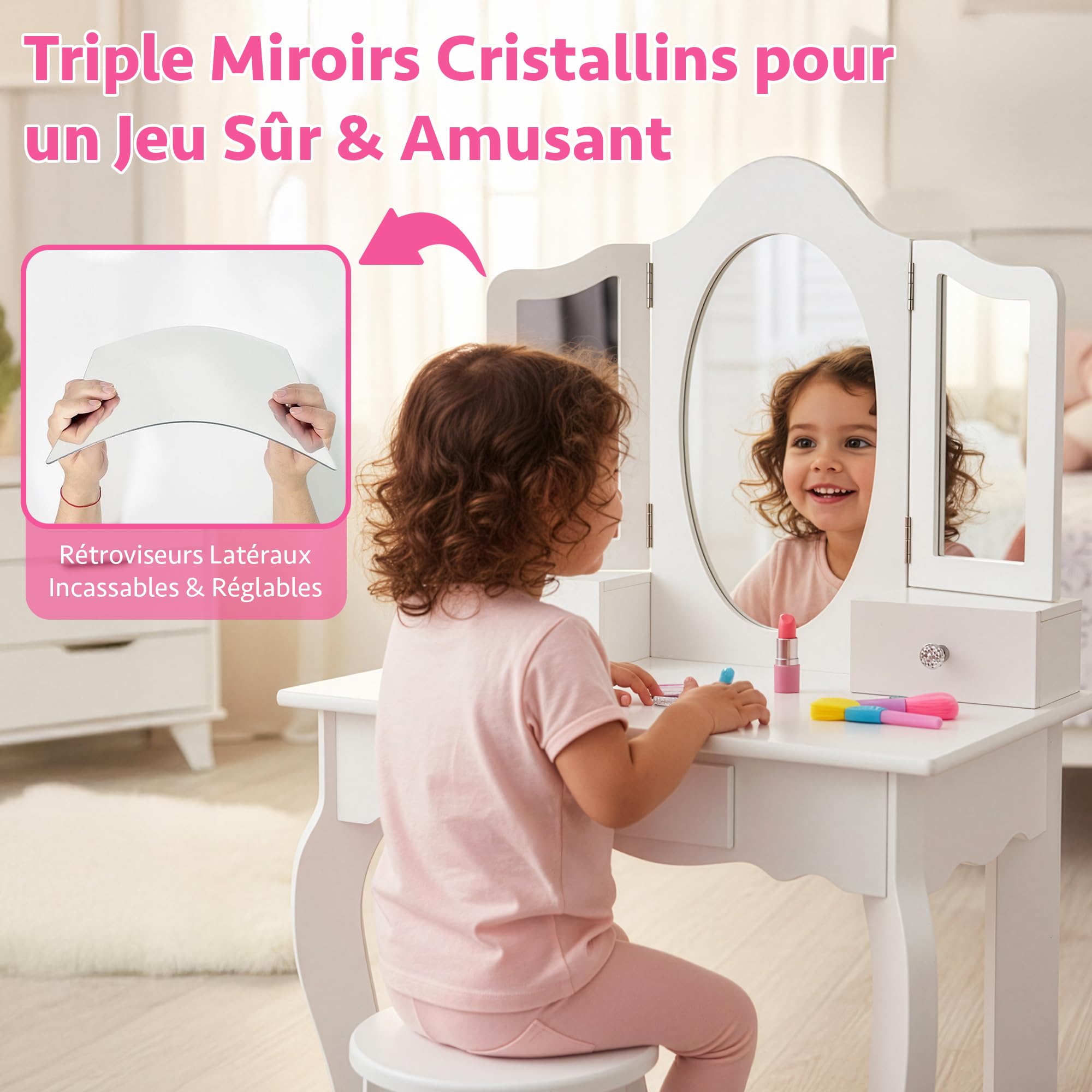 Green series Kinderplay Grande Coiffeuse en Bois pour Fille avec Miroir – Coiffeuse Blanche pour Enfants