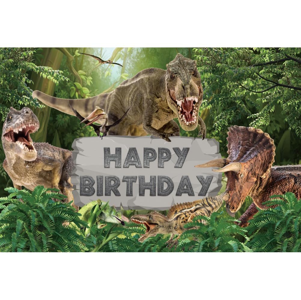 AOFOTO 5x3ft Dinosaur Happy Birthday Backdrop for Photography Tropical Jungle Forest 3D Dinosaur Background for Boys Kids Baby Birthday Theme Party Decorations Banner Photoshoot Video Studio Props