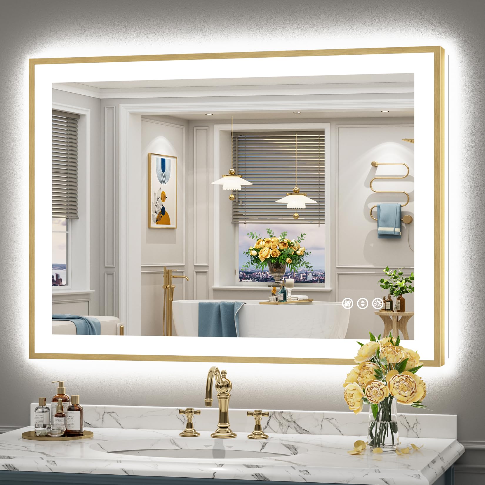 44x32 Gold LED Bathroom Mirror with Lights, Lighted Vanity Mirror