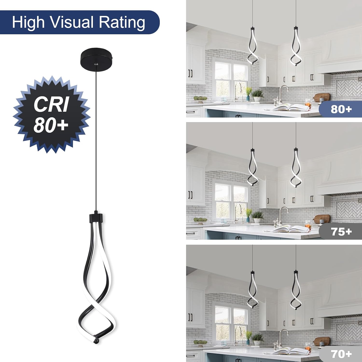 Spiral Led Pendant Lights 14W White 6000K Modern LED Pendant Light Fixture for Kitchen Island Stylish Black Chandelier for Kitchen Dining Room Bedroom Living Room Corridor Stairs