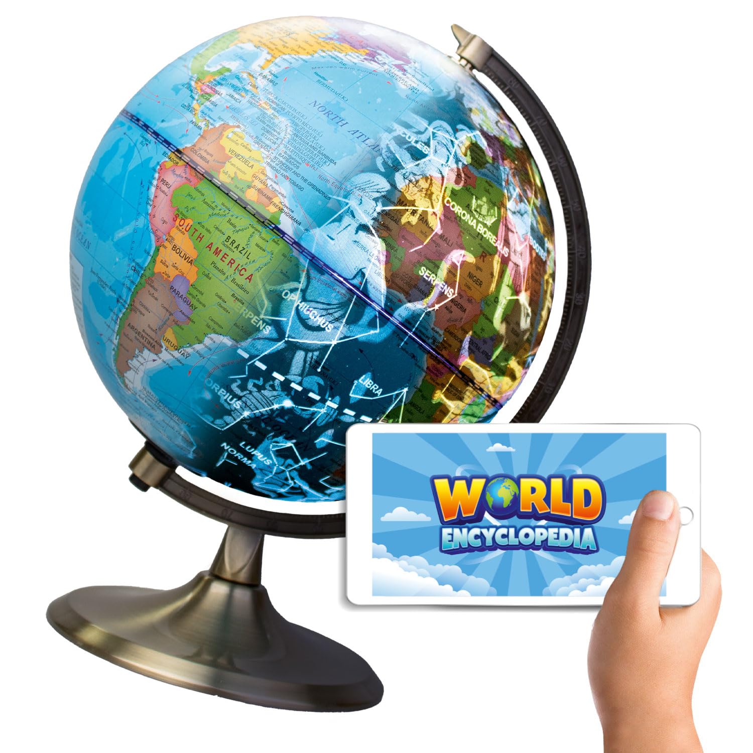 Party town Big Minds Children's Globe in English, Children's Globe Illuminated with LED Light, Children's Globe with Night Mode and Day Mode, Interactive Globe with App