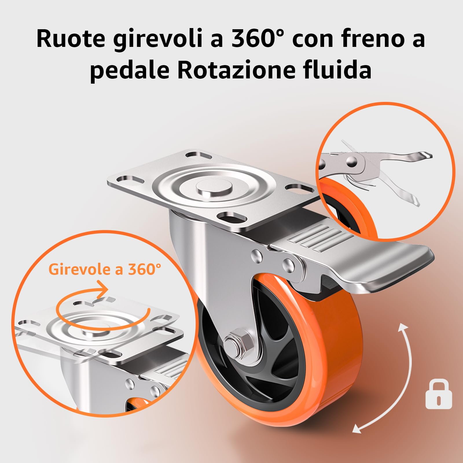 Firlarm - 125mm Ruote Girevoli con freno per carrello, 4 pollici Ruota del carrello in gomma da 9000 kg (confezione da 4)