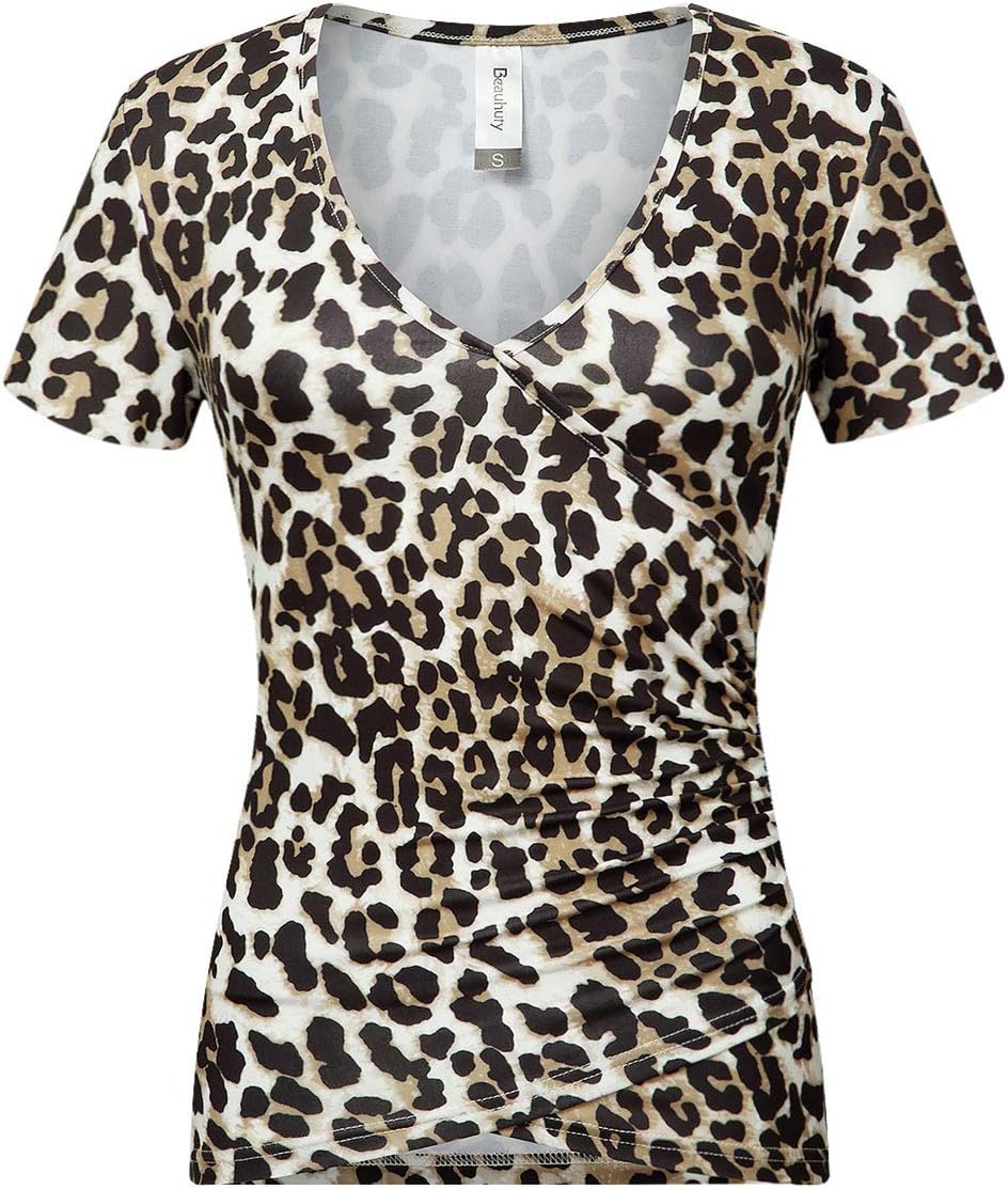 Women's Top Deep V Neck Slim Fitted T-Shirt Front Wrap Ruched Short Sleeve Tee