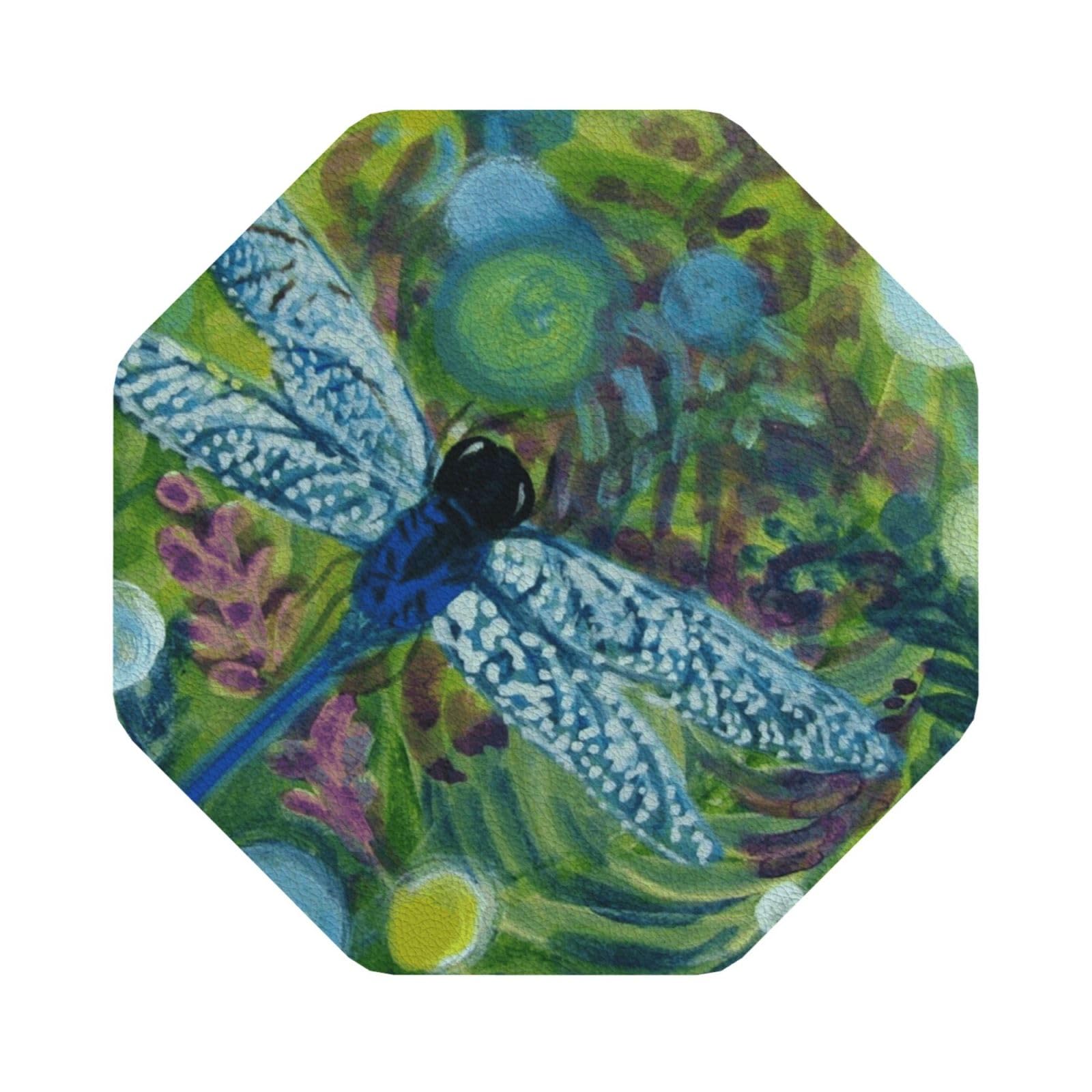 Hand painted dragonfly PU Leather Coasters Set of 6 Octagon Drink Coasters