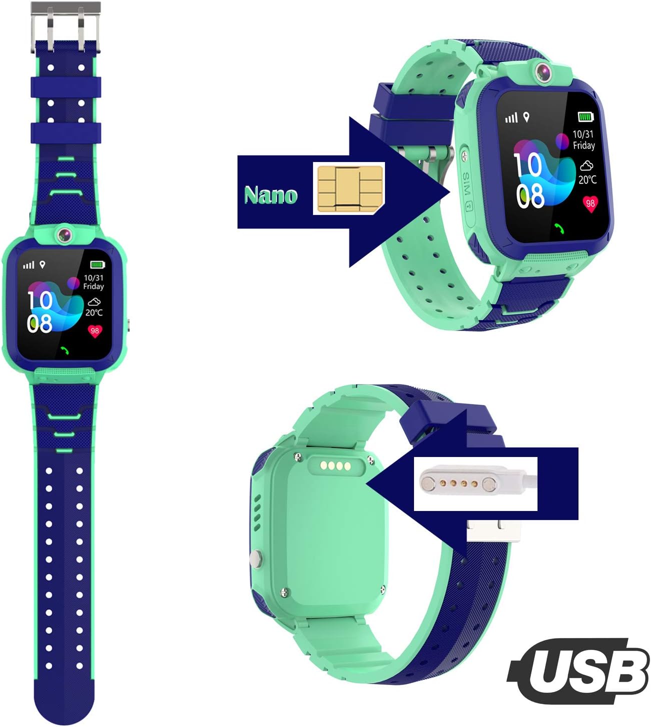 Image showing the watch with an arrow pointing to the SIM card slot and another arrow pointing to the USB charging port on the back.