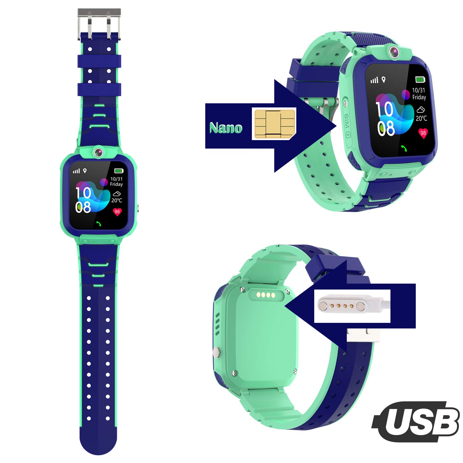 PTHTECHUS Reloj Inteligente para Niños Impermeable - Niños Reloj Inteligente GPS Tracker Posicionamiento Teléfono, Llamada de Emergencia SOS Valla electrónica Cámara Despertador PodometreChat Vocal