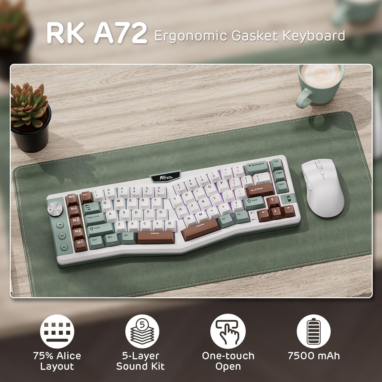 RK ROYAL KLUDGE A72 Alice Ergonomiczna bezprzewodowa klawiatura mechaniczna przycisk/klawisze makro/dotykowa plakietka imieniem, tryb 68% 72klawisze, Hot Swap, Win/Mac, akumulator 7500 mAh, QWERTY