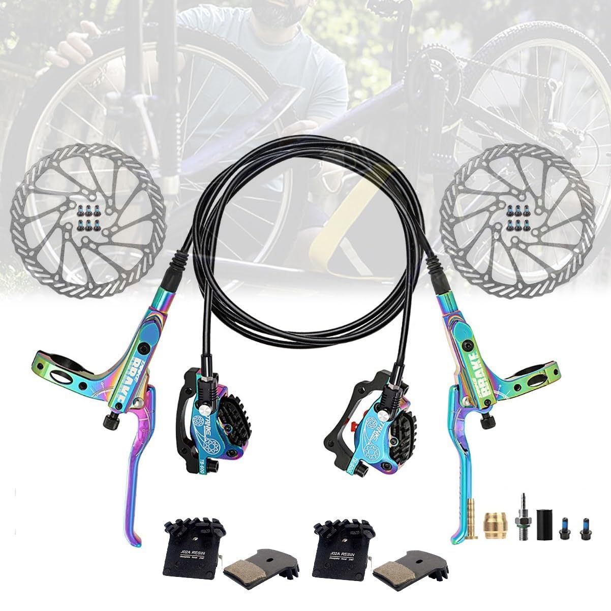 KLWEKJSD 4-Pistons Mountain Bikes Disc Brake Set with 160mm Rotors Hydraulic Disc Brake Kit Front and Rear Brake Caliper with Resin Brake Pads (Color : Colorful, Size : 160 rotors)