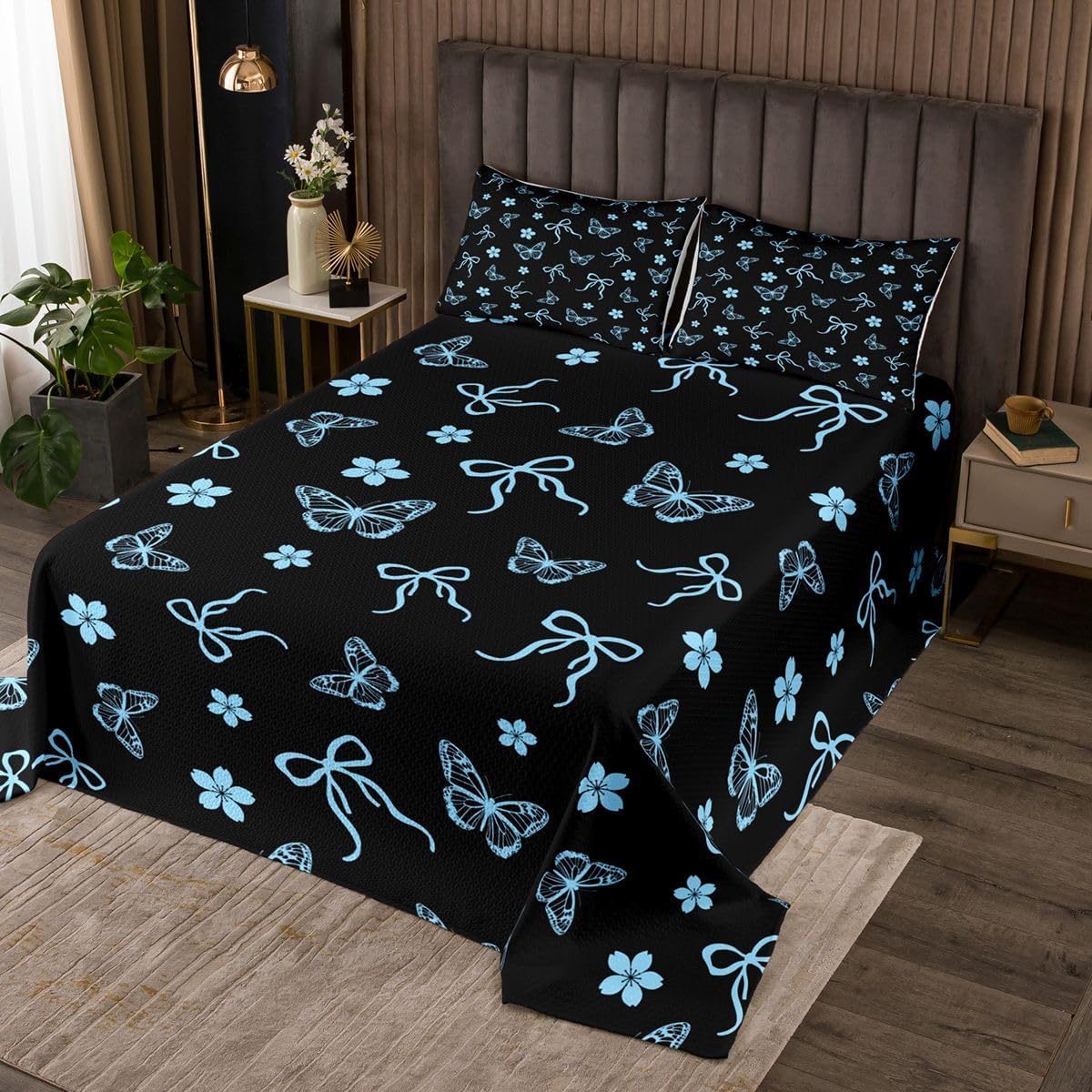 Castle Fairy Blue Bowknots Quilt Sets Twin Size,Floral Butterfly Bedspread Coverlet 2Pcs for Kids Girls Boys Room Decor,Ribbon Bow Knot Quilts Set Cute Coquette Bedding Comforter,1 Pillowcase