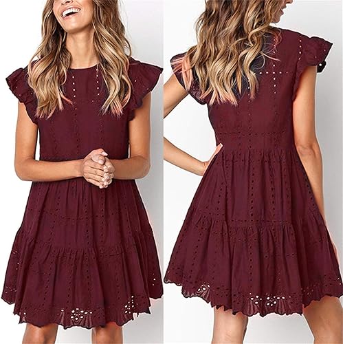 Vista 3 de Kkauae Vestido de moda para mujer, casual, con volantes, cuello redondo, fruncido, acampanado